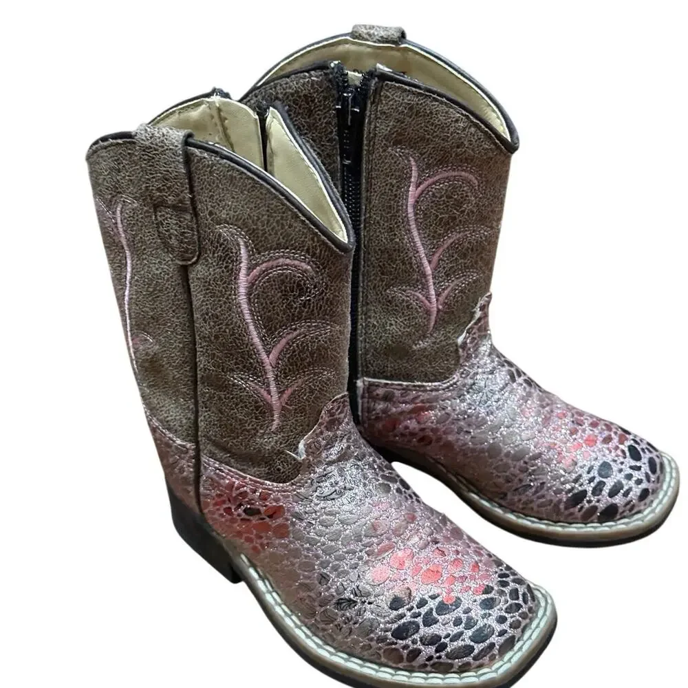 Old West Girls Pink Western Cowboy Boots Square Toe Side Zip Size 8C VB1054
